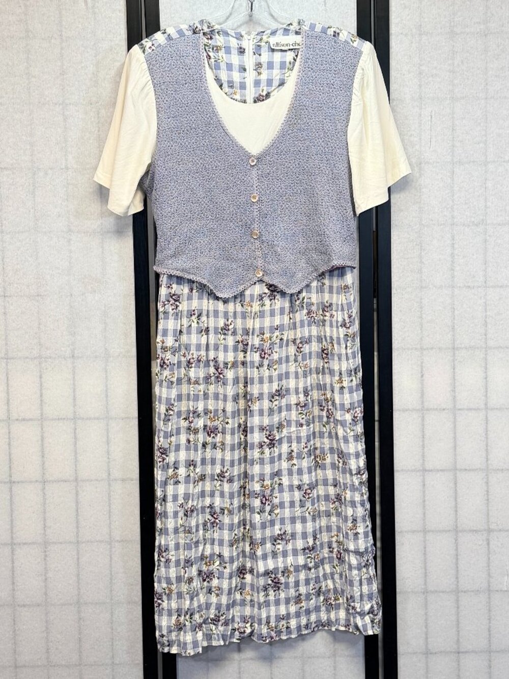Allison-Che Mixed Floral Plaid Dress 16 Vest Front Tie Back Checks Vintage 80s